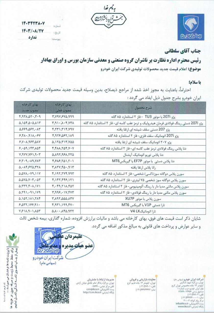 قیمت خودرو سایپا و ایران خودرو گران شد!! 1 نامه رسمی افزایش قیمت خودرو در آبان 1403