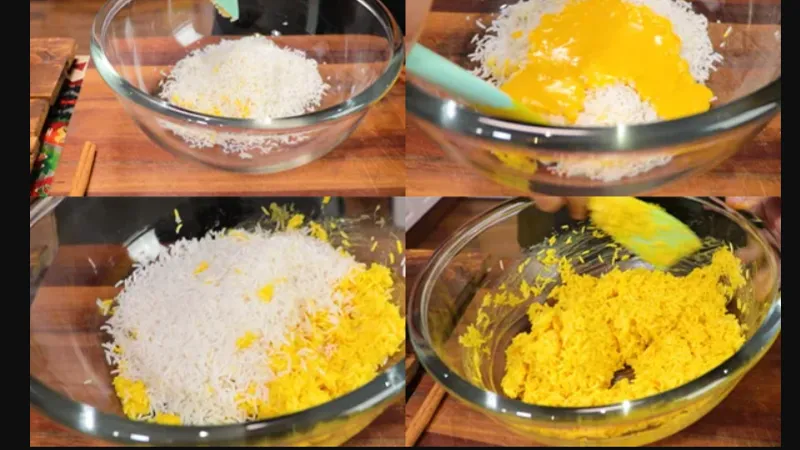 طرز تهیه ته چین مرغ مجلسی و خوشمزه 1 در یک کاسه بزرگ، 2 پیمانه ماست چکیده، 2 عدد تخم مرغ و 1 قاشق غذاخوری زعفران دمکرده را با هم مخلوط کنید.